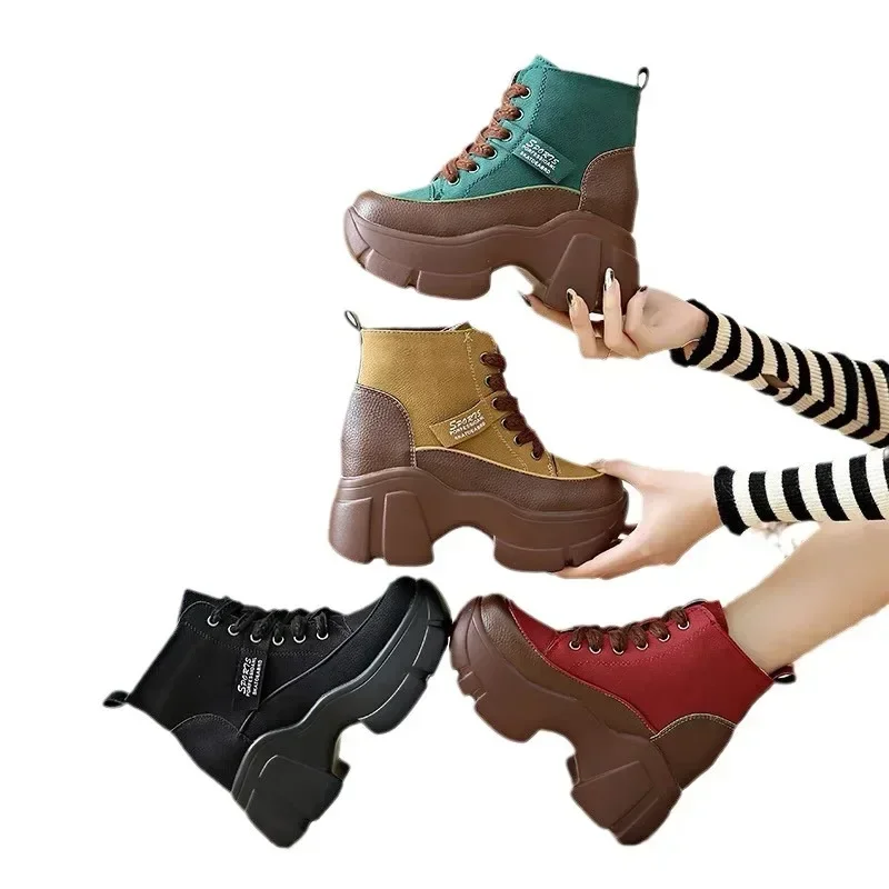 Women\'s Shoes on Sale High Quality Lace Up Women Boots Winter Round Toe Mixed Colors Short Barrel Platform Increase Height Boots