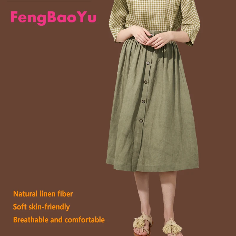 

Flax Spring and Summer Ladies Skirt Elegant Temperament Buttons Simple Youth Fashion A-line Skirt Loose Large Size 3XL Fat Girl