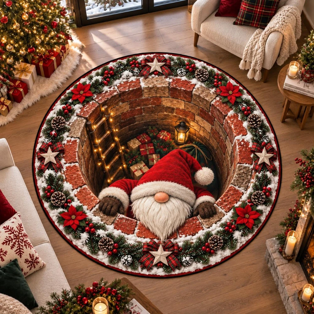 Christmas Gnome 3D Optical Illusion Round Rug Red Brick Well Star Border Area Mat Festive Garland Living Room Floor Carpet