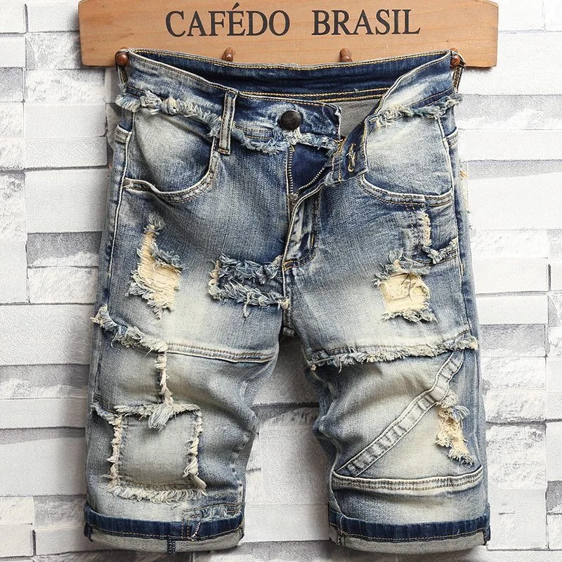 

Trendy Brand Men's Slim Fit Denim orts Five-Quarter Elastic Vintage Versatile Trendy Frayed And Patchwork Casual orts