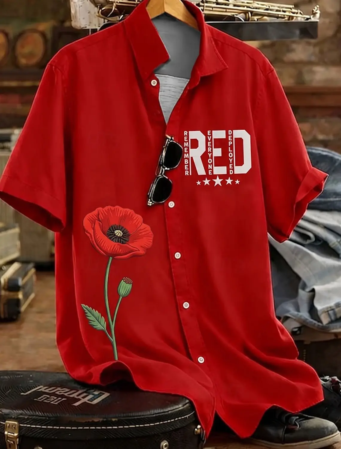 Men's Camouflage Military Veteran 3D Print Shirt, Short Sleeve Button Up Collar, Retro Patriotic Wear for Spring & Summer