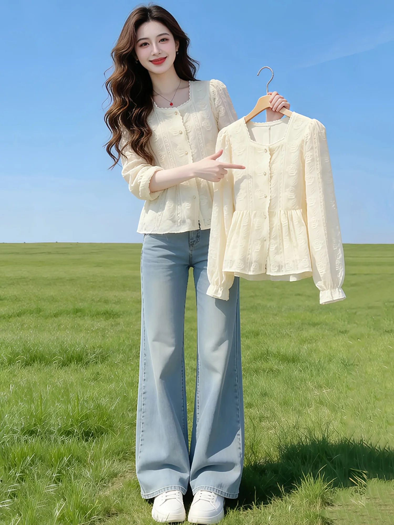 

Elegant Lace Long Sleeve Shirt Women's Fashionable Beautiful Spring New Style French Style Loose Fit Bubble Sleeve Blouse