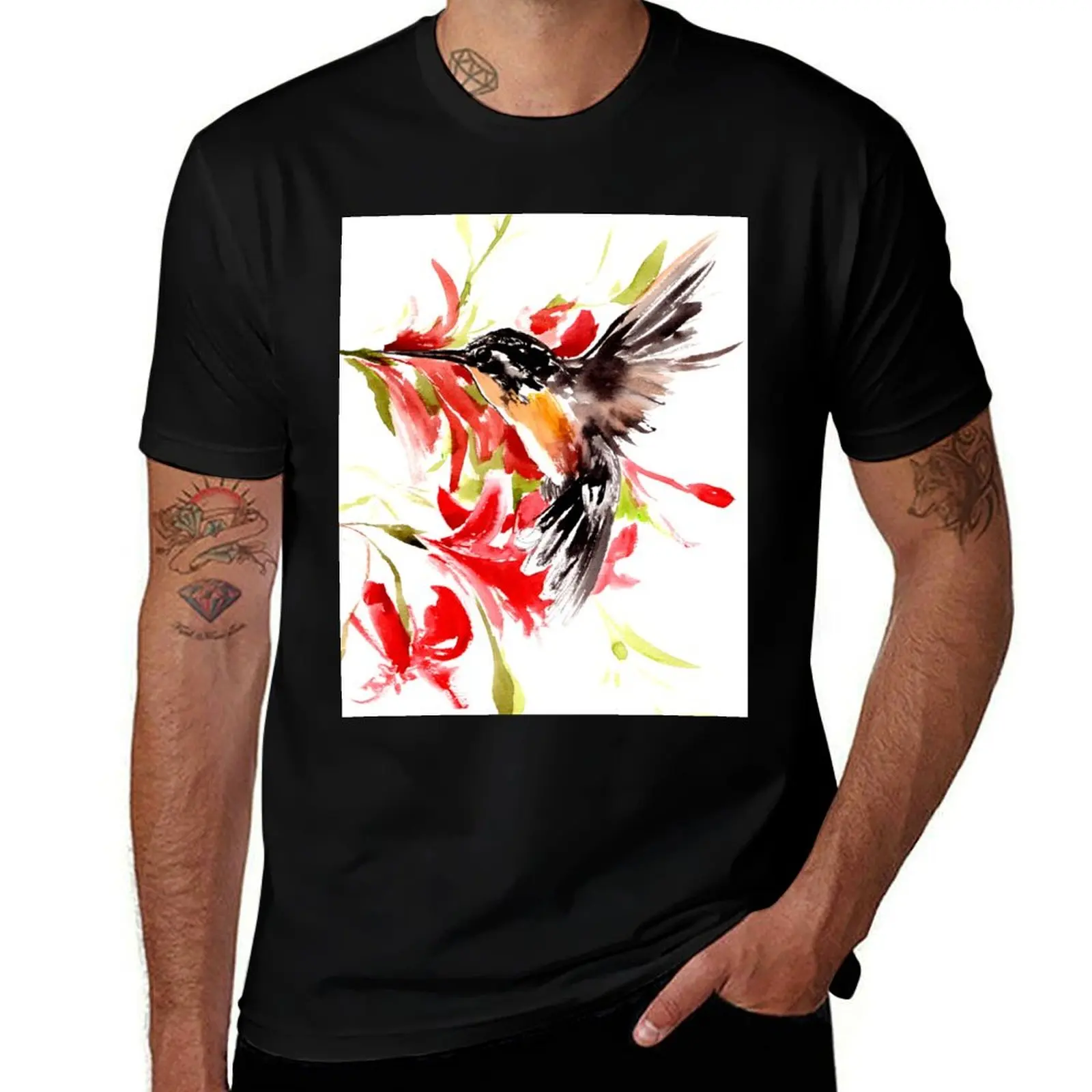 Hummingbird and Red Flowers T-Shirt boys whites Funny t-shirts plain white t shirts men