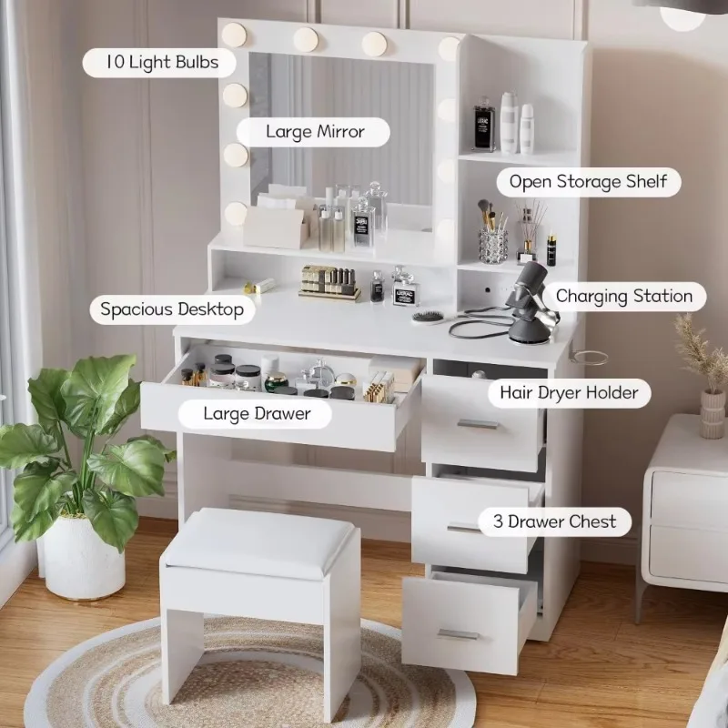 

39.3x17.7x58.8 inch Vanity Desk with Mirror, Power Outlet and 10 Lights, Makeup Table with 4 Drawers, 3 Color Modes Available