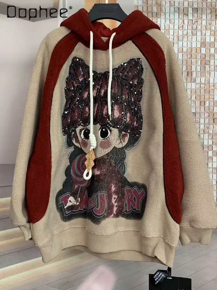 Trendy Brand Autumn Winter Fashion Cartoon Girl Furry Loose Oversized Long Sleeve Hooded Sweatshirt Jacket Top for Women