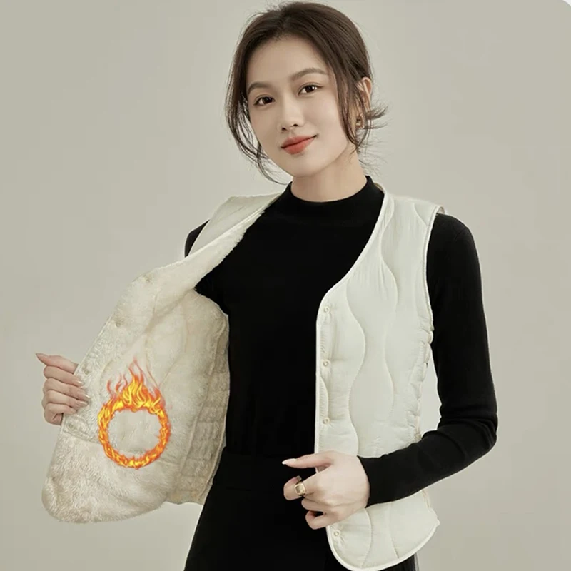 

Fashion V-Neck Women Waistcoat Autumn Winter Fleece Thicken Elegant Simple Literary Vintage Warm Solid Color Sleeveless Tops