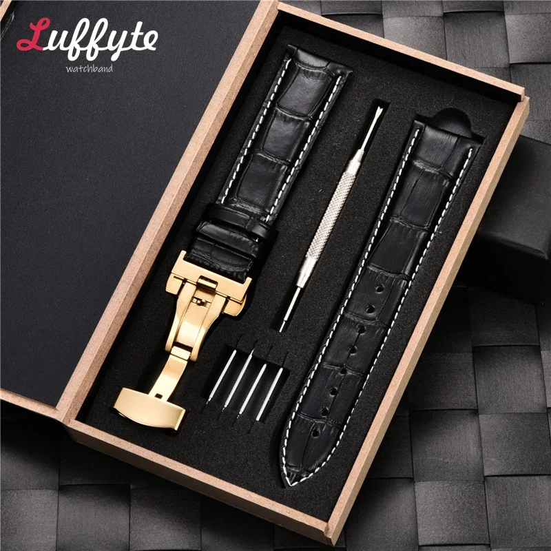 Leather Watch Band Strap with Box Stainless Steel Butterfly Clasp 16mm 18mm 20mm 22mm 24mm Genuine Leather Straps Belt Watchband