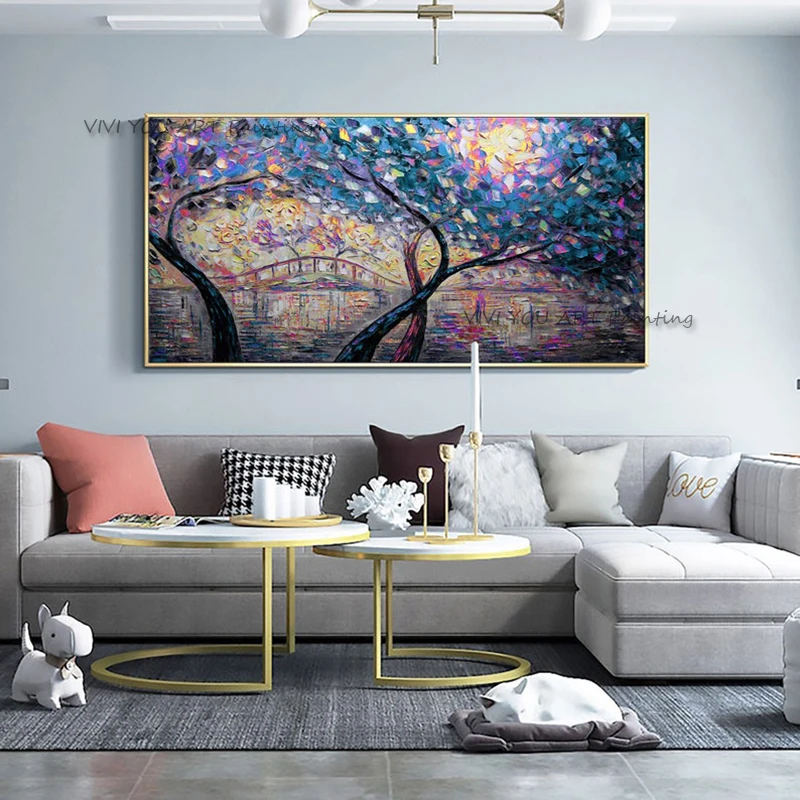 New Handmade Star Night Oil Painting on Canvas Sky Wall Art Large Cool Nature Knife Picture Tree Mural Picture for Living Room