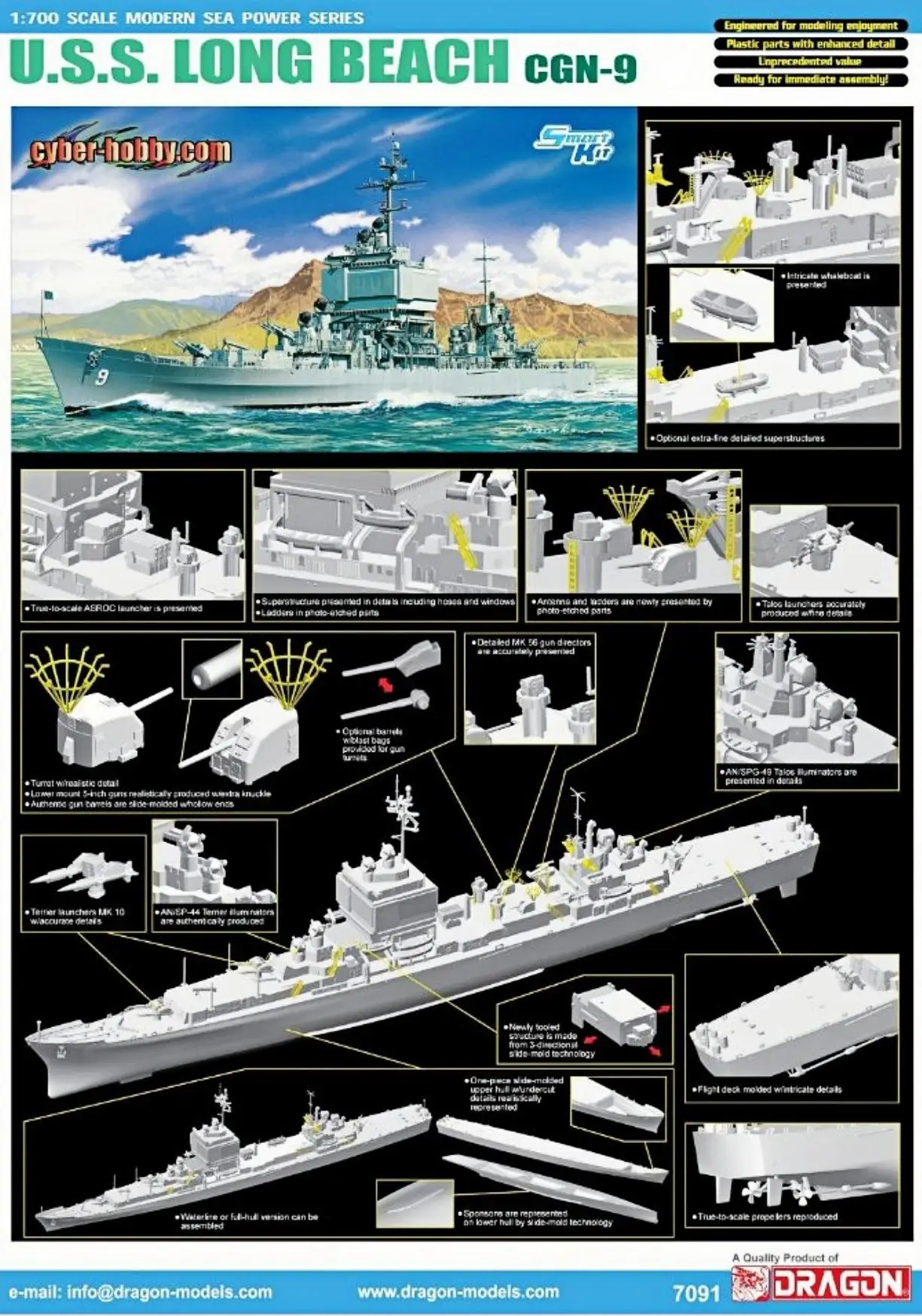 DRAGON 1/700 escala 7091 USS Long Beach CGN-9 montaje Kit de modelo de barco