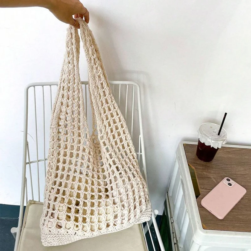 Fashion Crochet Bags For Women Summer Beach Tote Bag Raffia Aesthetic Knitted Handbag Bohemian Hollow Shoulder Bag Shopping Bag