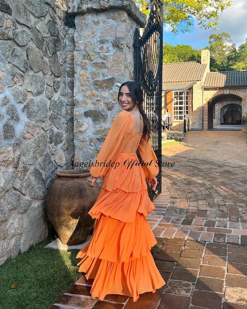 Angelsbridep-Vestidos De gasa escalonados De línea A, Vestidos De fiesta De Dubái, mangas largas abullonadas, color naranja