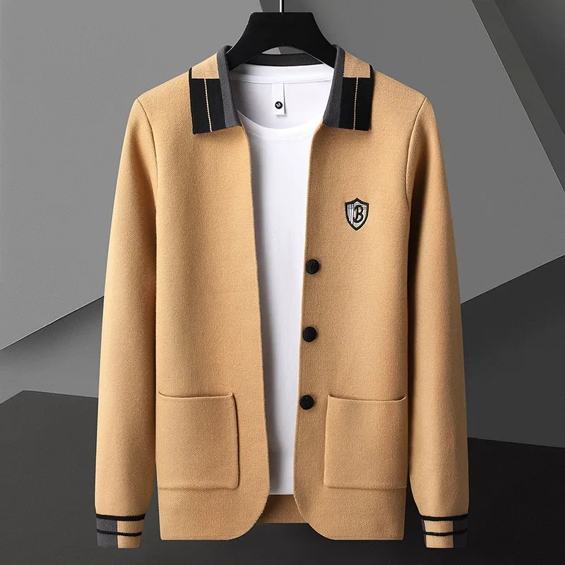 High Quality Spring and Autumn Business Casual Men\'s Solid Color Cardigan Fashionable Shield Embroidered Cardigan New Top M-4XL