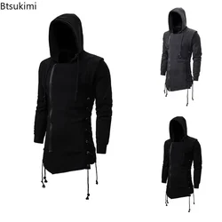 New 2024 Men's Casual Hoodies Sweatshirts Solid Black Grey Long Sleeve Hoodie Men Slim Fit Dark Hooded Loose Jacket Coats Male