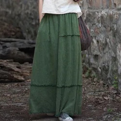 High Waist Cotton Linen Long Skirts Women New 2024 Autumn Vintage Style Solid Color Loose Female Casual A-line Skirt M192