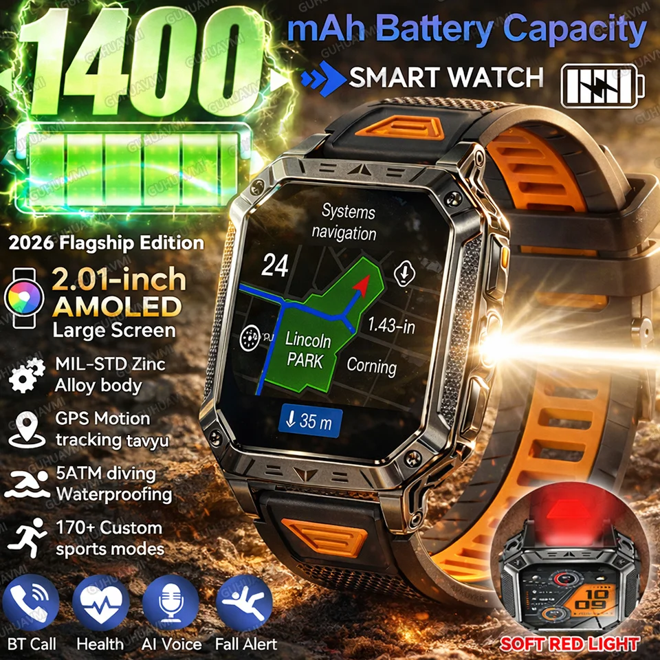 

2026 1400mAh Super Capacity Battery Smart Watch GPS path 5ATM Waterproof Sports Run tracker Outdoors Compass Military Smartwatch