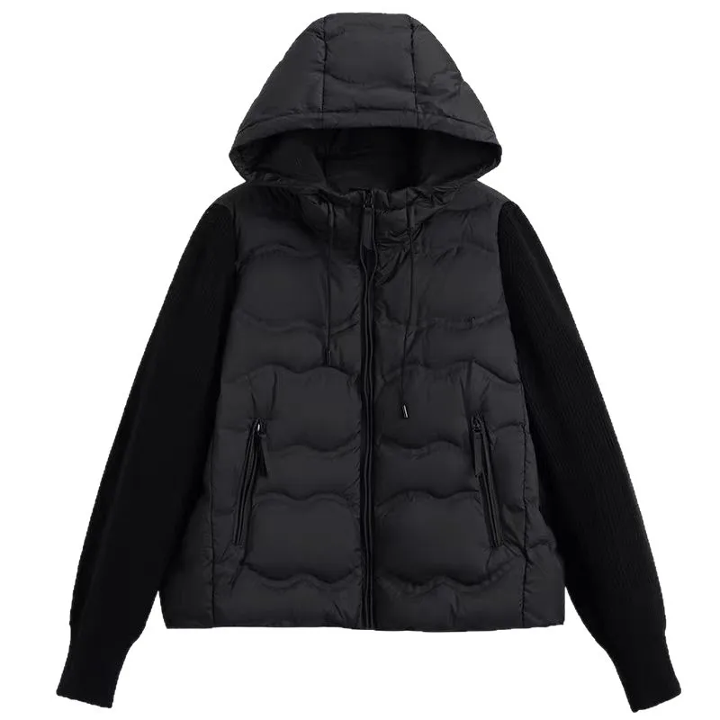 เสื้อแจ็คเก็ตดาวน์ผู้หญิงแบบใหม่ ฤดูใบไม้ร่วง/ฤดูหนาว ปี 2025  แบบมีฮู้ด  แขนถักแบบต่อผ้า  สไตล์ลำลอง