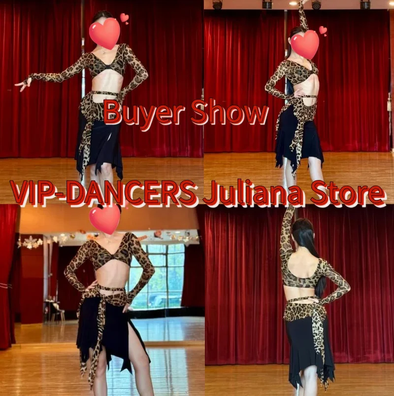 Traje de baile latino para mujer, Top latino de leopardo Sexy, faldas irregulares, ropa de baile de salón profesional para fiesta y escenario SL9034