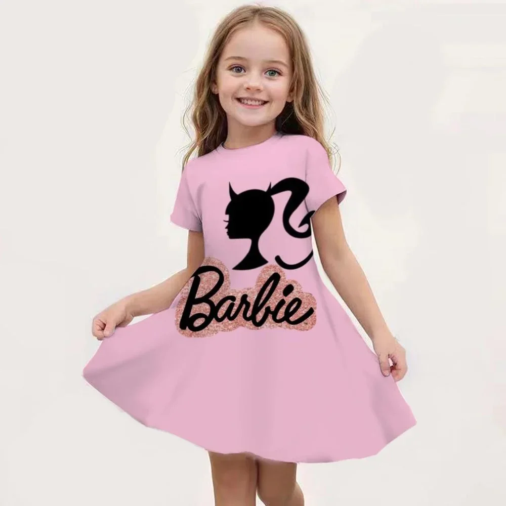 

MINISO Summer Girls Cartoon Barbie Graphic Dress Kids Fashion One-piece Dress Girls Daily Casual Short Sleeve Clothing Outfit