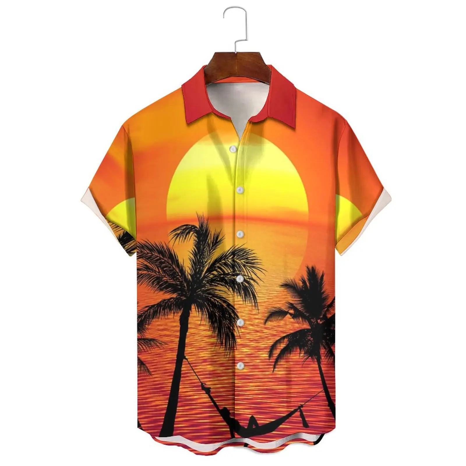 

Summer Men's/Women's Fashion Irregular Solid Color Casual Breathable Loose Cartoon Seaside Sunset Print Lapel Short-SleevedShirt