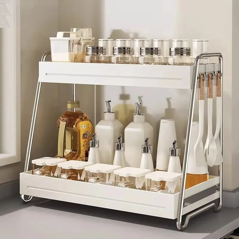 2-Tier Kitchen Spice Rack, Countertop Stainless Steel Organizer for Condiments, Jars, and Utensils