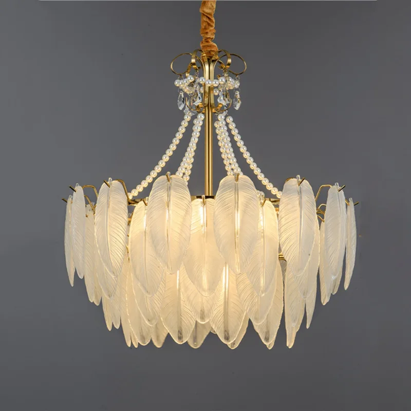 

French Retro Pearl Feather Glass Chandelier Modern Luxury Crystal Light for Living Room Dining Room