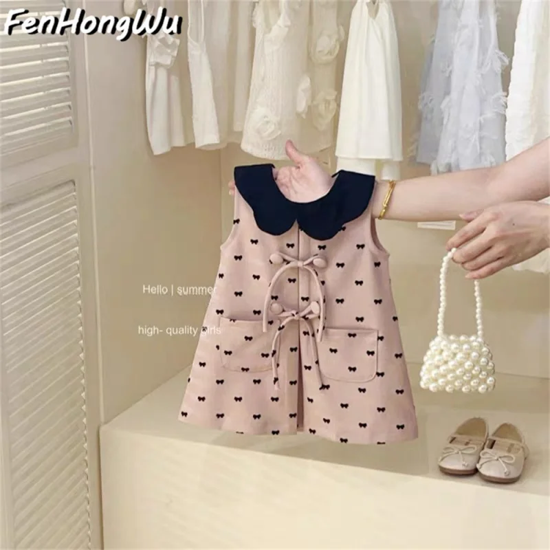 

Girls Summer Pink Vest Dress Baby Stylish Cute Bowknot Dress Princess Dress