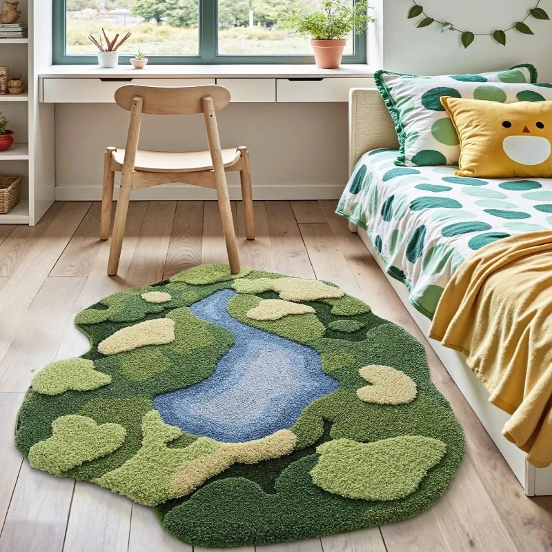 Green 3D Moss Hand Tufted Rug, Bedside Mat for Bedroom, Living Room Decor Carpet, Ultra Thick Plush, Absorbent Non Slip