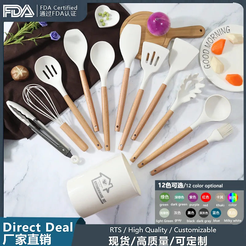 12-Piece Wood Handle Heat-resistant Silicone Kitchenware Non-stick Pan Cooking Utensils Baking Tools And Storage Box Tools