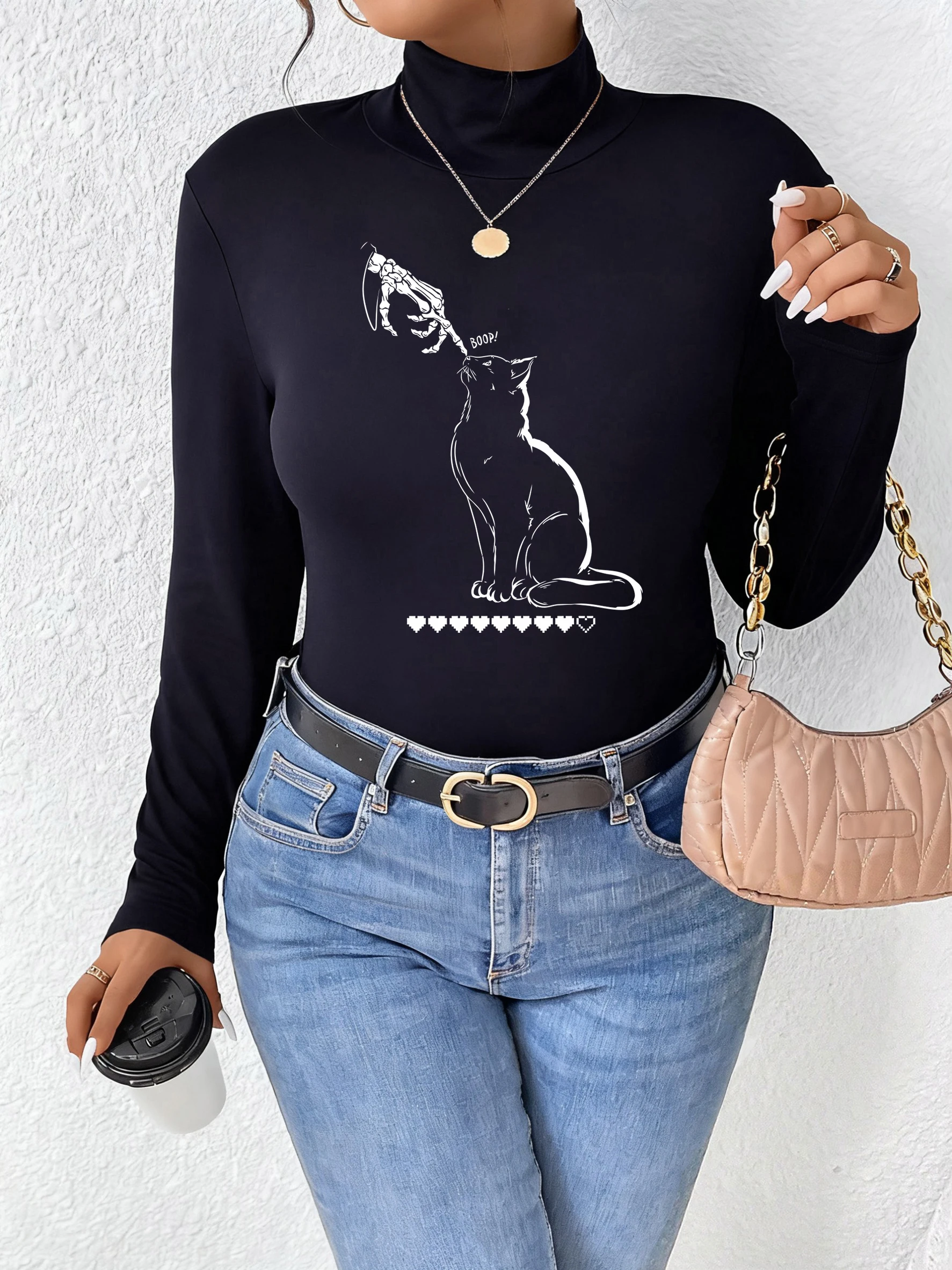 Boop القلب القط الطباعة النساء القمصان الأساسية الصوف نصف الرقبة العالية طويلة الأكمام العصرية الخريف أعلى الملابس الرياضية كل مباراة #1