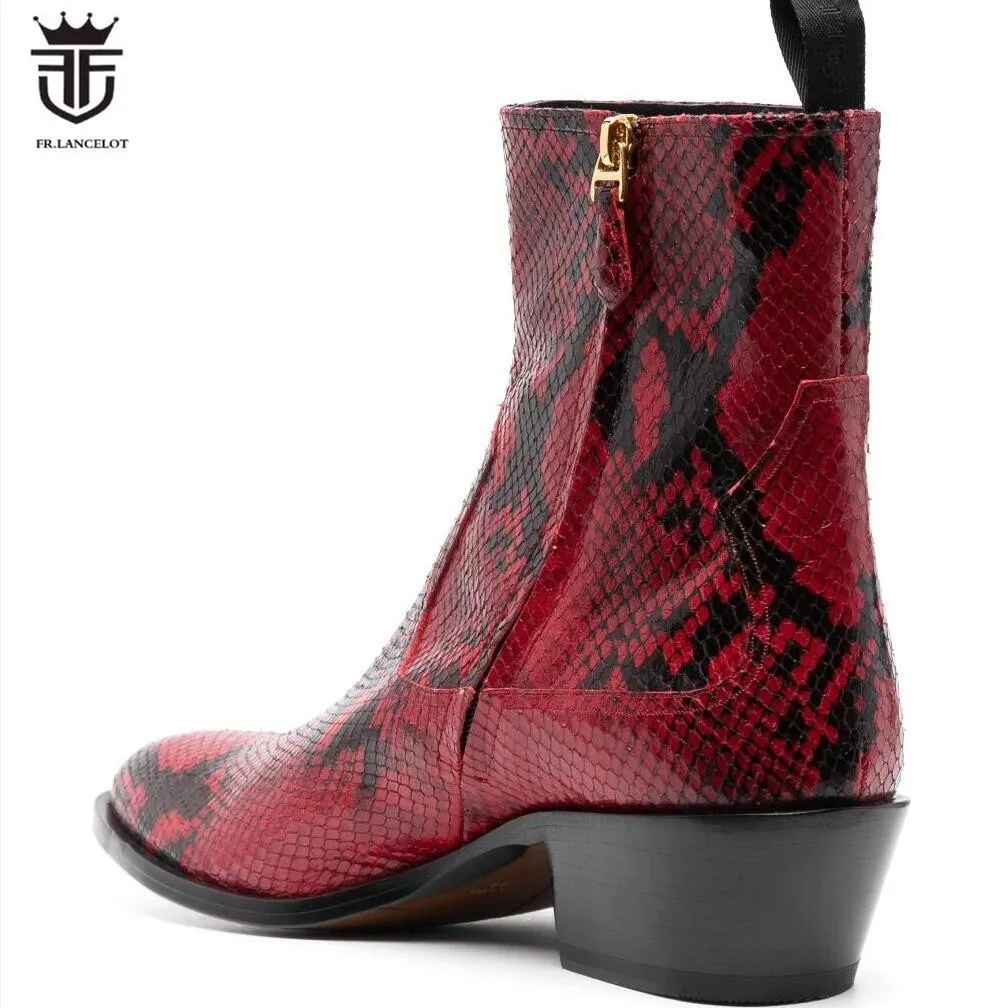 Brand New Men Snakeskin Print Leather Boots Point Toe Red Booties Mujer Botas Zip Wedding Dress Shoes Party Male Thick Heels