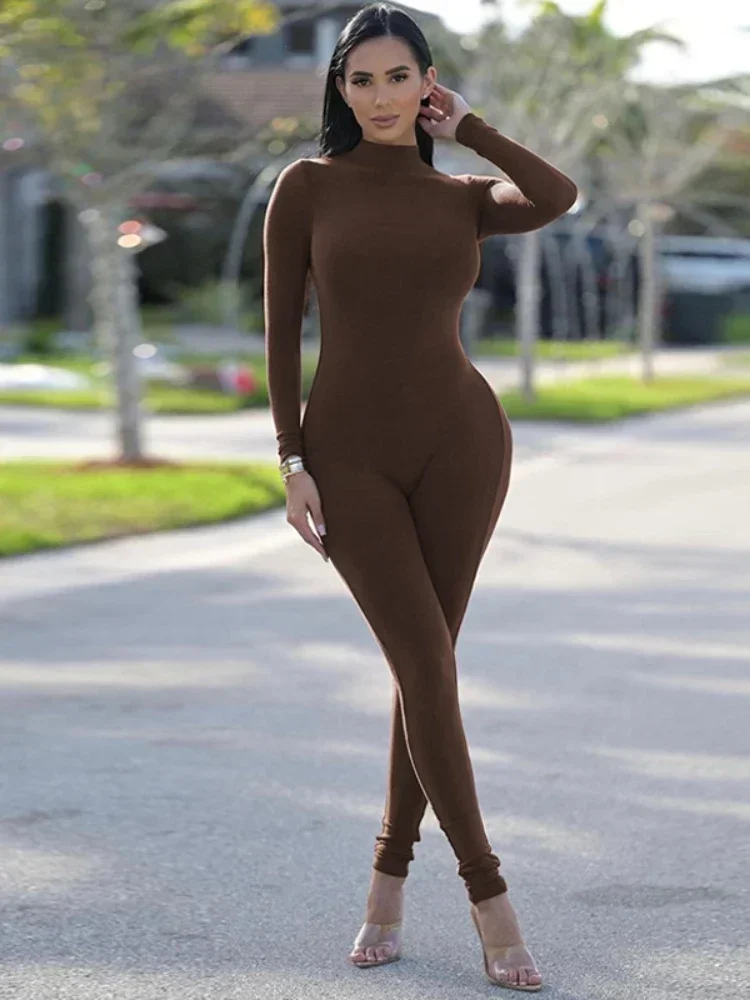 YUZHEXI 2024 Zipper Fleece Cozy Jumpsuit Women Casual Street Bodycon Full Sleeve Chocolate Overalls One-piece Gym Outfit