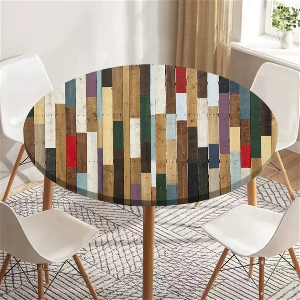 3D Print Rainbow Color Fitted Tablecloth Elastic Edge Home Textile Vintage Wooden Boards Table Cover for Family Gathering