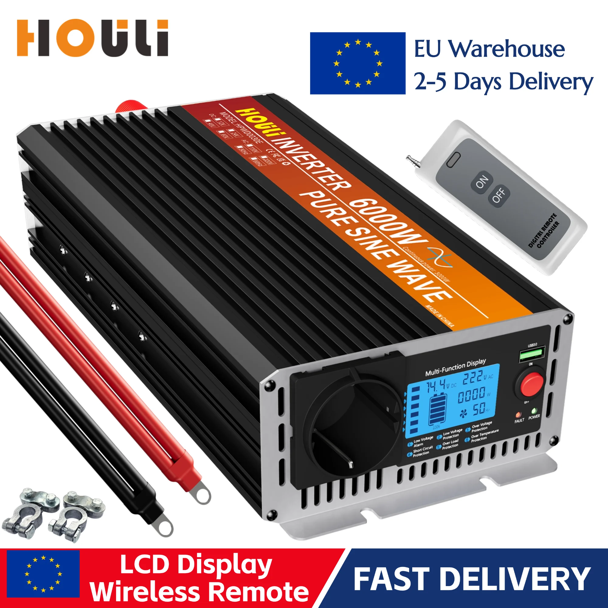 HOULI Power Inverter DC 12V 24V To AC 220V Pure Sine Wave Inverters 6000W 5000W 4000W 3000W Car Converter 50HZ Remote Control