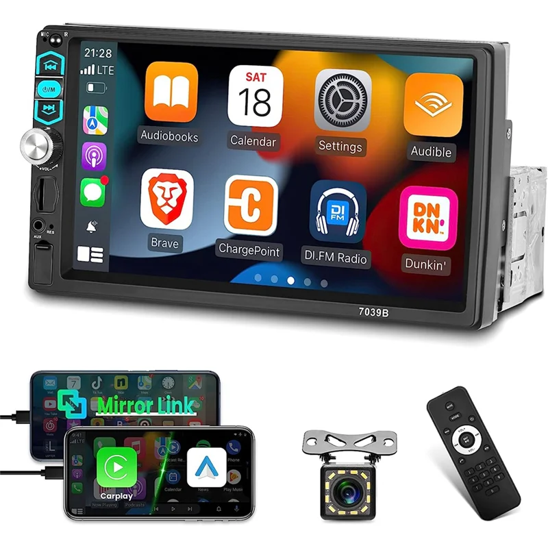 Single Din Car Stereo Carplay Android Auto, 7 Inch Touch Screen Radio, Mirror Link/Bluetooth/FM Radio/Backup Camera+MIC