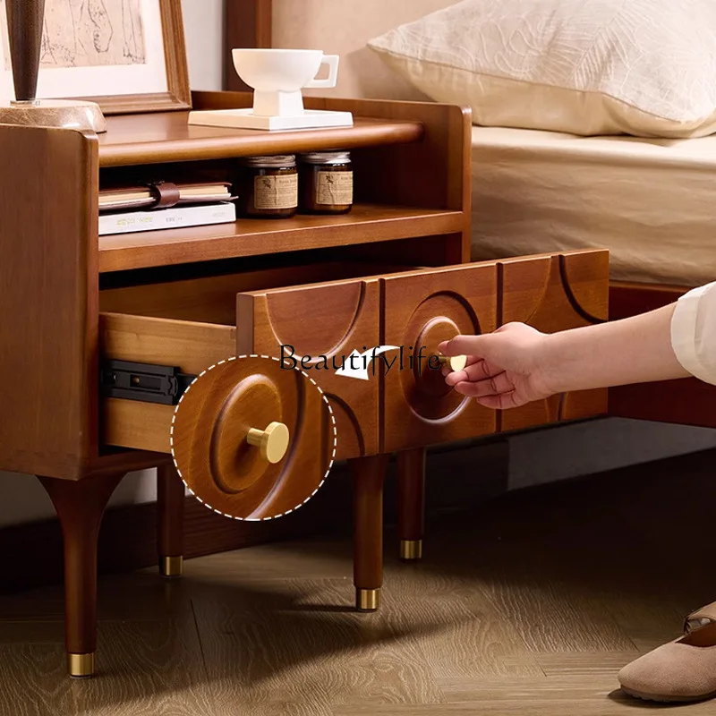 طاولة بجانب السرير مصنوعة من خشب البقس في العصور الوسطى مصنوعة من الخشب الصلب لغرفة النوم وخزانة جانبية للتخزين #3