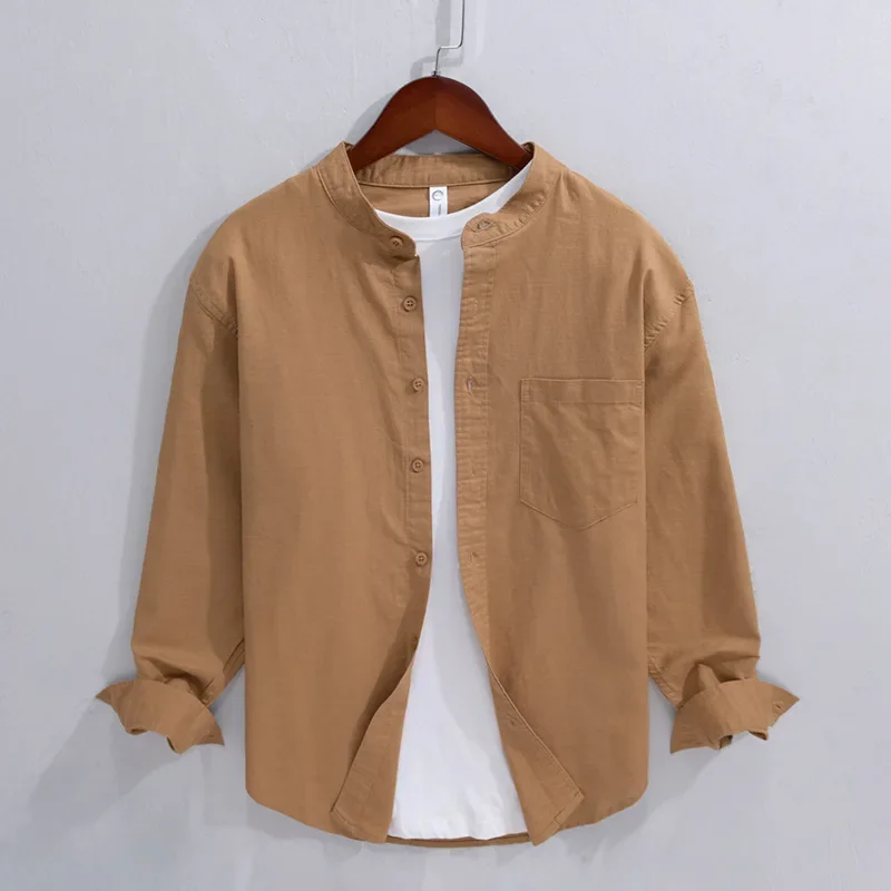 

Spring Summer Cotton Linen Shirt Men Daily Casual Long Sleeve Shirts Man Pocket Solid Stand Collar Shirt Beach Breathable Tops