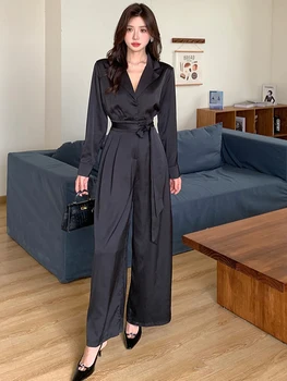2024 Herfst Elegante Dames Kantoor Ol Satijn Zwarte Jumpsuits Voor Vrouwen V-Hals Lange Mouw Casual Hoge Taille Riem Wijde Pijpen Rompertjes