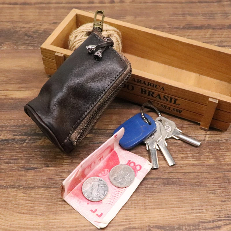Genuine Leather Key Wallet for Men Short Vintage Handmade Zipper Car Key Holder Coin Purse Card Case Bag Organizer Housekeeper