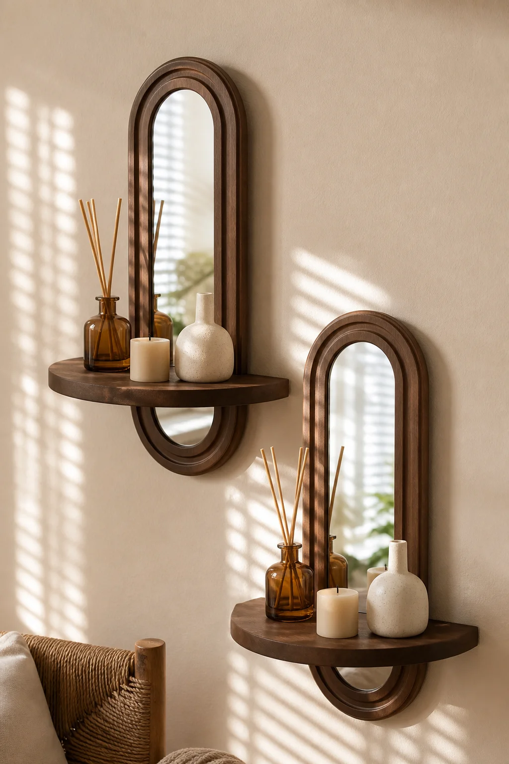 1/ 2Pcs Arched Wooden Wall Mirror with Floating Display Shelf Boho Vintage Wall Mount Mirror Shelf for Entryway Home Wall Decor