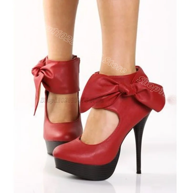 

Red Bowknot Decor Platform Pumps Round Toe Stiletto British Style Side Zipper Casual Party Women Sexy Shoes Zapatos Para Mujere