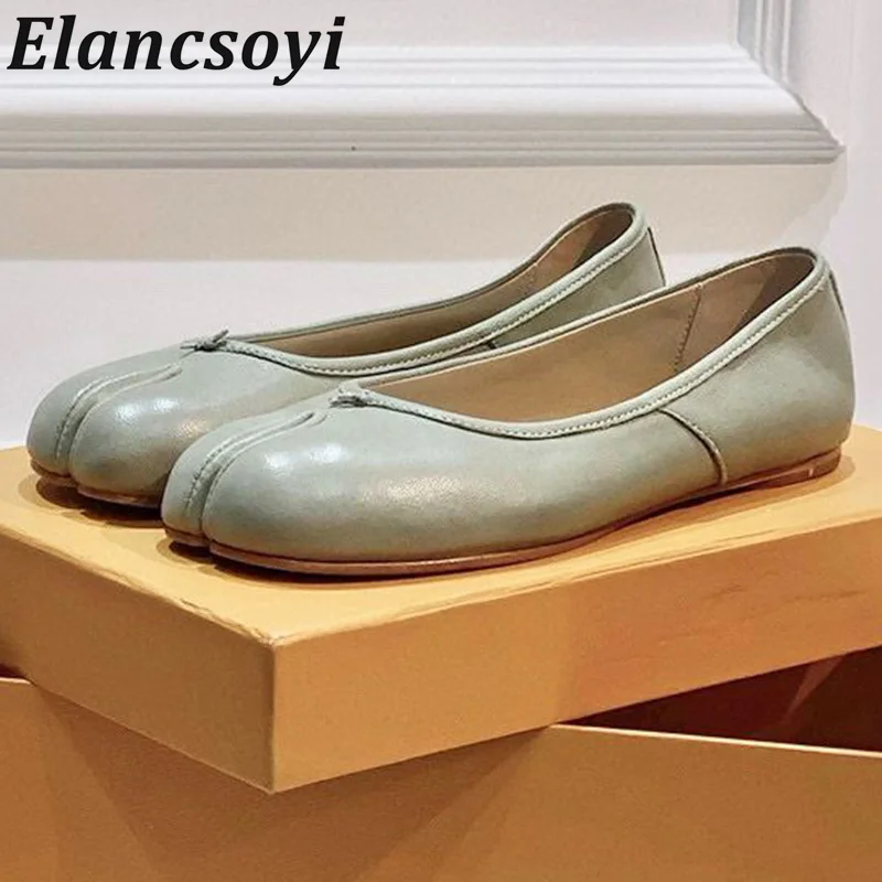 Spring Autumn Women's Split Toe Genuine Leather Flat Shoes Round Toe Retro Lazy Loafers Casual Versatile Walking Shoes 2024