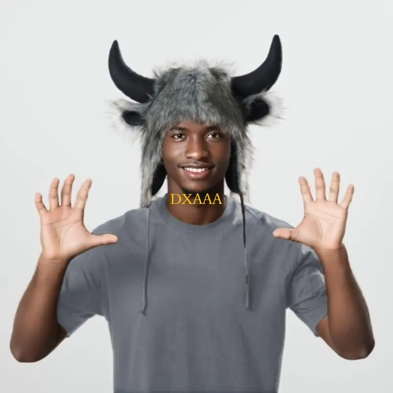 DXAA – chapeau Costume d'animal, couvre-oreilles en corne taureau, casquette Costume en peluche douce pour adultes,