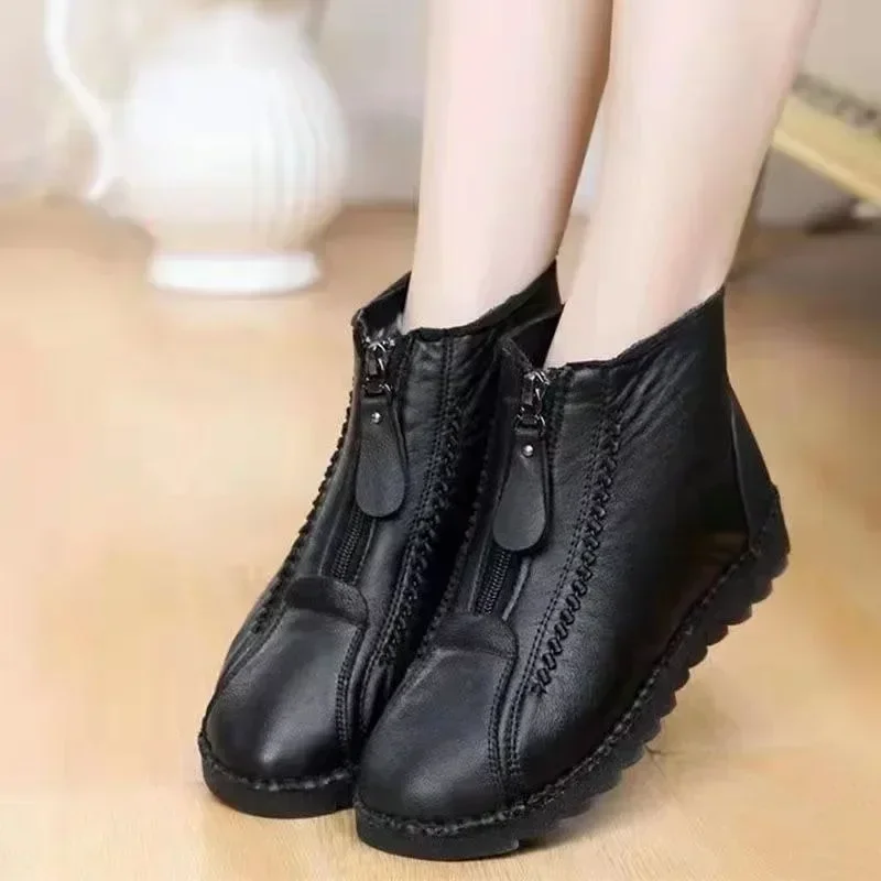 Warm Women\'s Boots Winter Women Leather Shoes Zipper Ankle Woman Boots Round Toe Flats Plush Snow Ankle Boots Bottine Femme 202