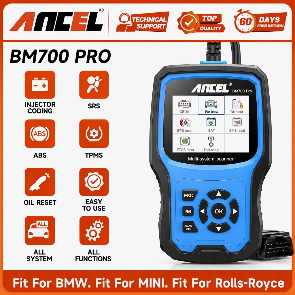 ANCEL BM700 PRO Scanner OBD2, outil de diagnostic complet du système pour BMW MINI Rolls-Royce, codage des injecteurs, réinitialisation EPB SAS, huile, ABS, airbag, mise à jour gratuite à vie