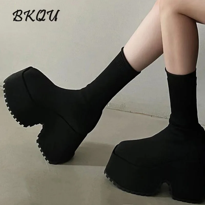 BKQU stivali skinny elastici da donna 2024 nuova testa quadrata piccola aumenta suola spessa comode scarpe con plateau da 10 cm con tacco alto