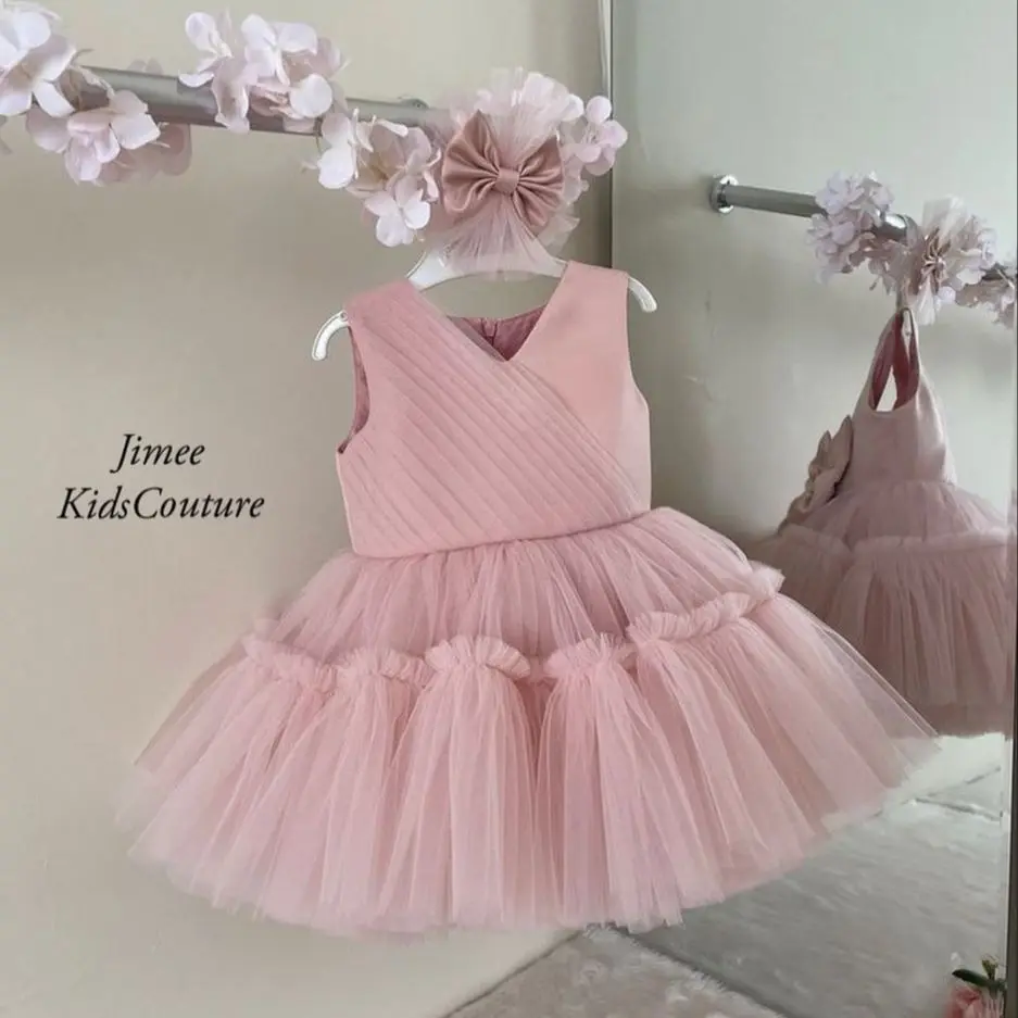 Pink Tulle Ball Gown Flower Girl Dresses for Wedding Pleated Tiered Children Birthday Party Gowns V Neck Kids Summer Dresses