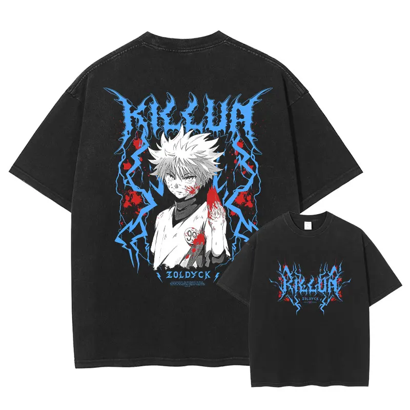 

Футболки Hunter Killua Zoldyck, винтажные потертые футболки с аниме Kurapika, уличная одежда большого размера, топы в стиле манга Gon, мужские футболки из 100% хлопка