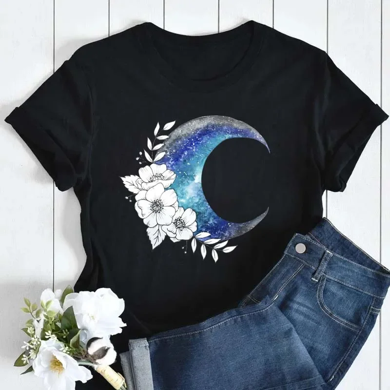 Women T Shirt Maycaur Fashion Vintage Moon with Floral Print Casual Short Sleeves Female Top Tshirts Cartoon Graphic Tee T-Shirt