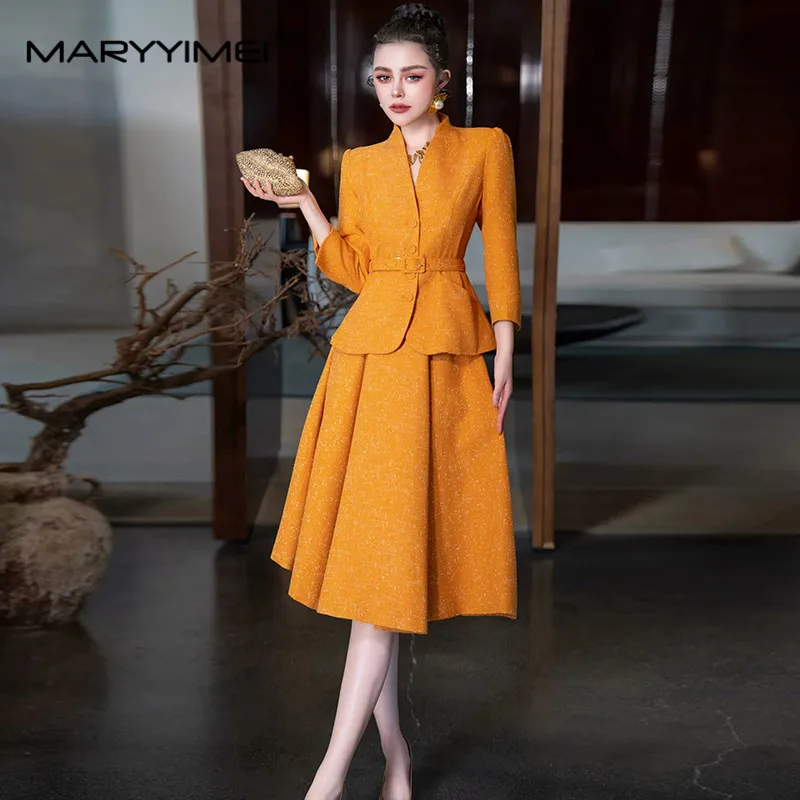 MARYYIMEI Autumn and winter Women\'s Suit Three Quarter Sleeve Single Breasted Tops+Casual Big Swing Skirt 2 piece set