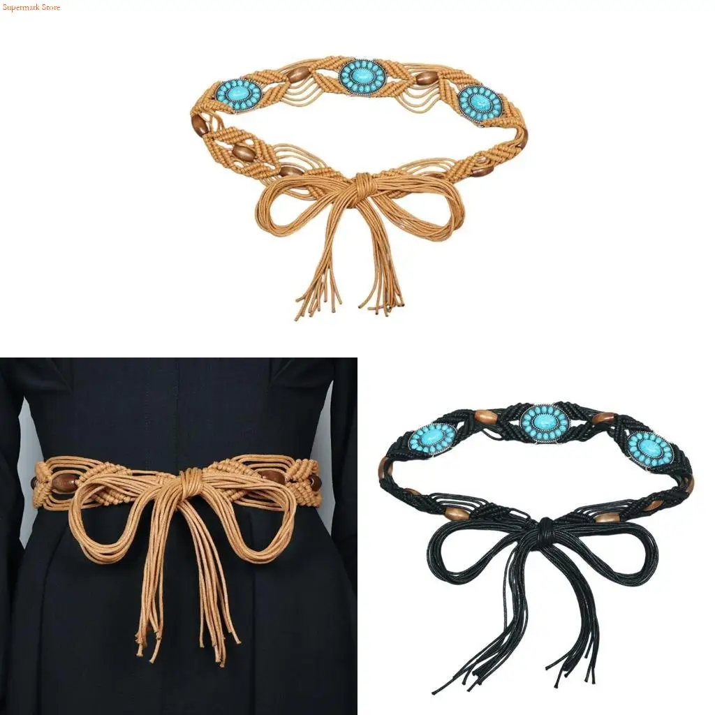 Q5WE Handwoven Waist Belt Chain Costume Braid Beads Wide for Jeans Vacation Body Accessories for Women Hot Girls